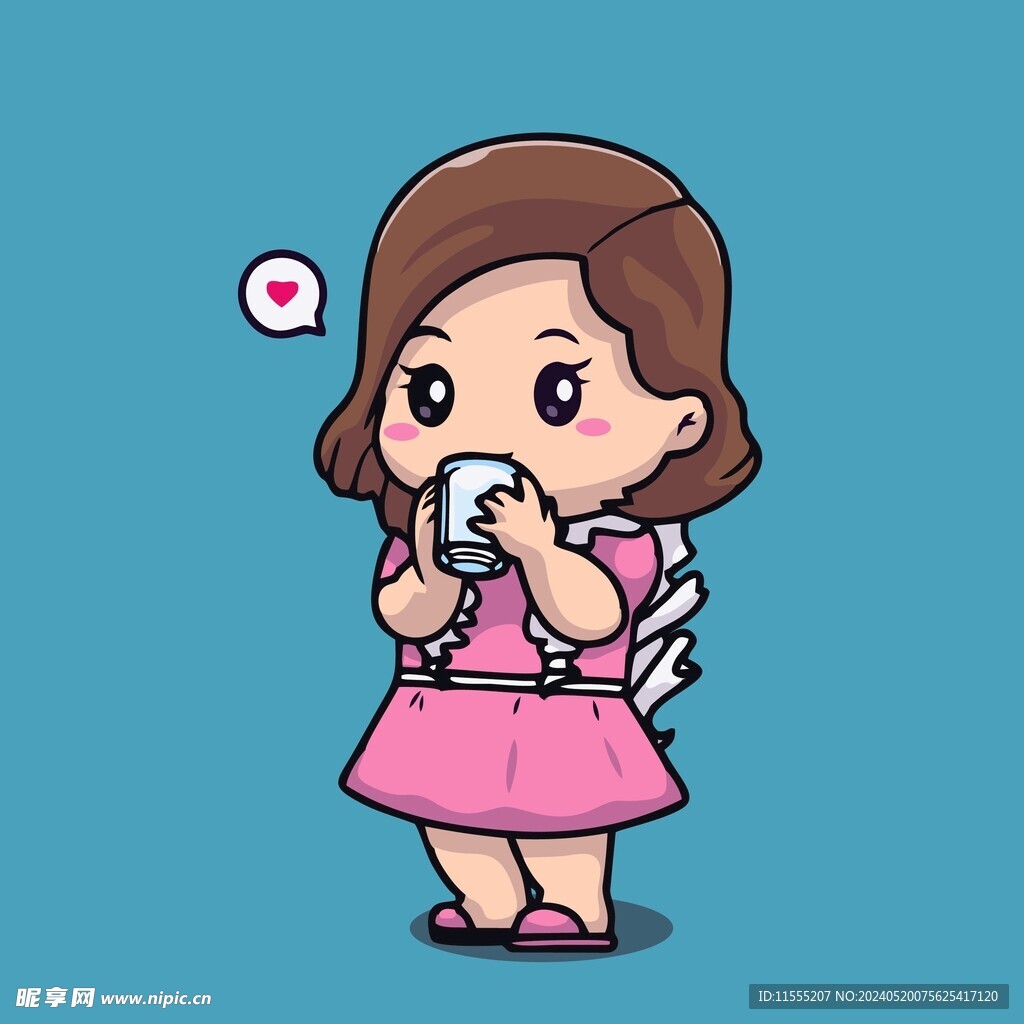 可爱喝水小姐姐矢量卡通插画