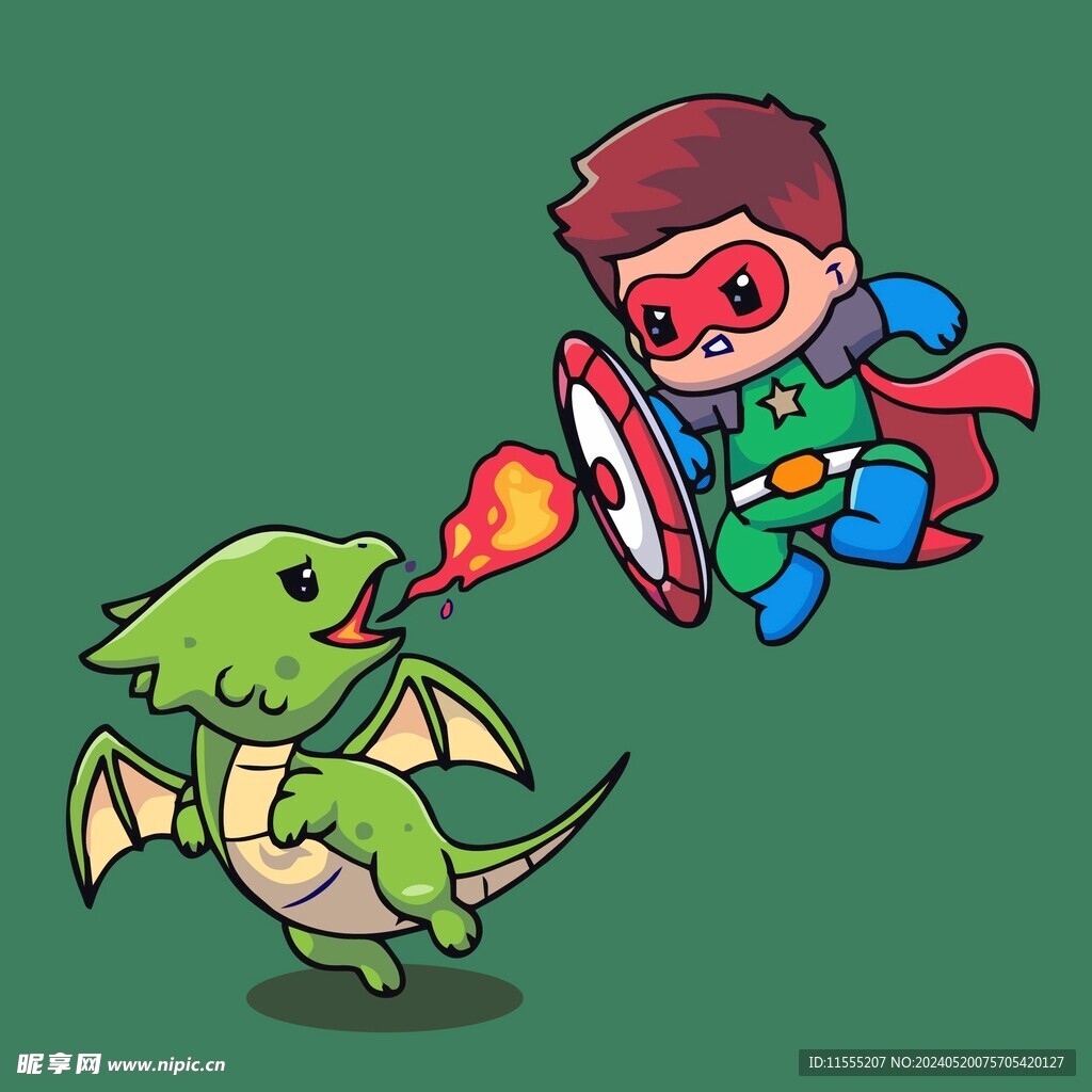 可爱小超人大战恶龙矢量卡通插画