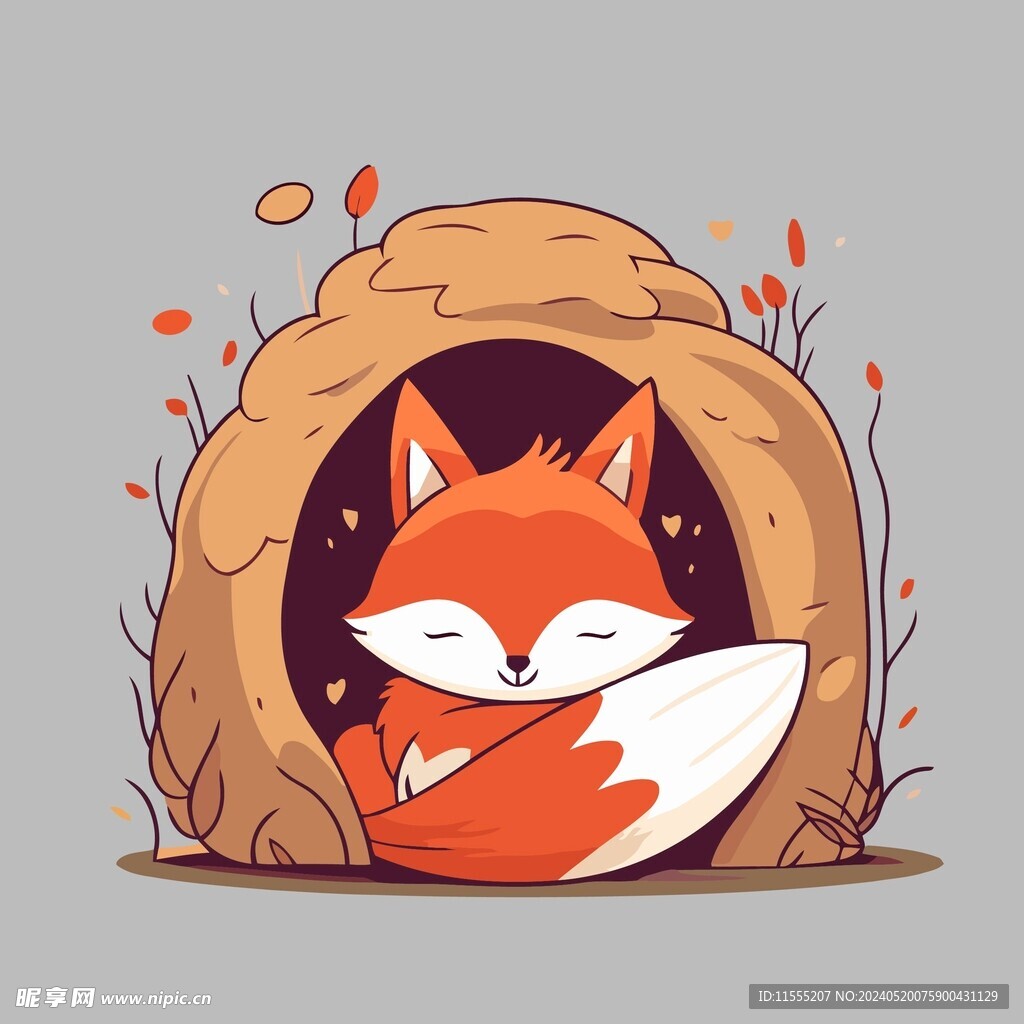 可爱土洞里的狐狸矢量卡通插画