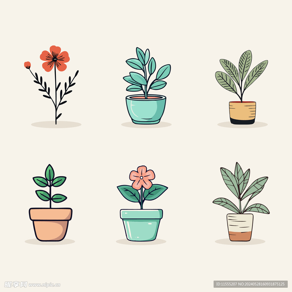 多彩花卉植物卡通绘画儿童插画