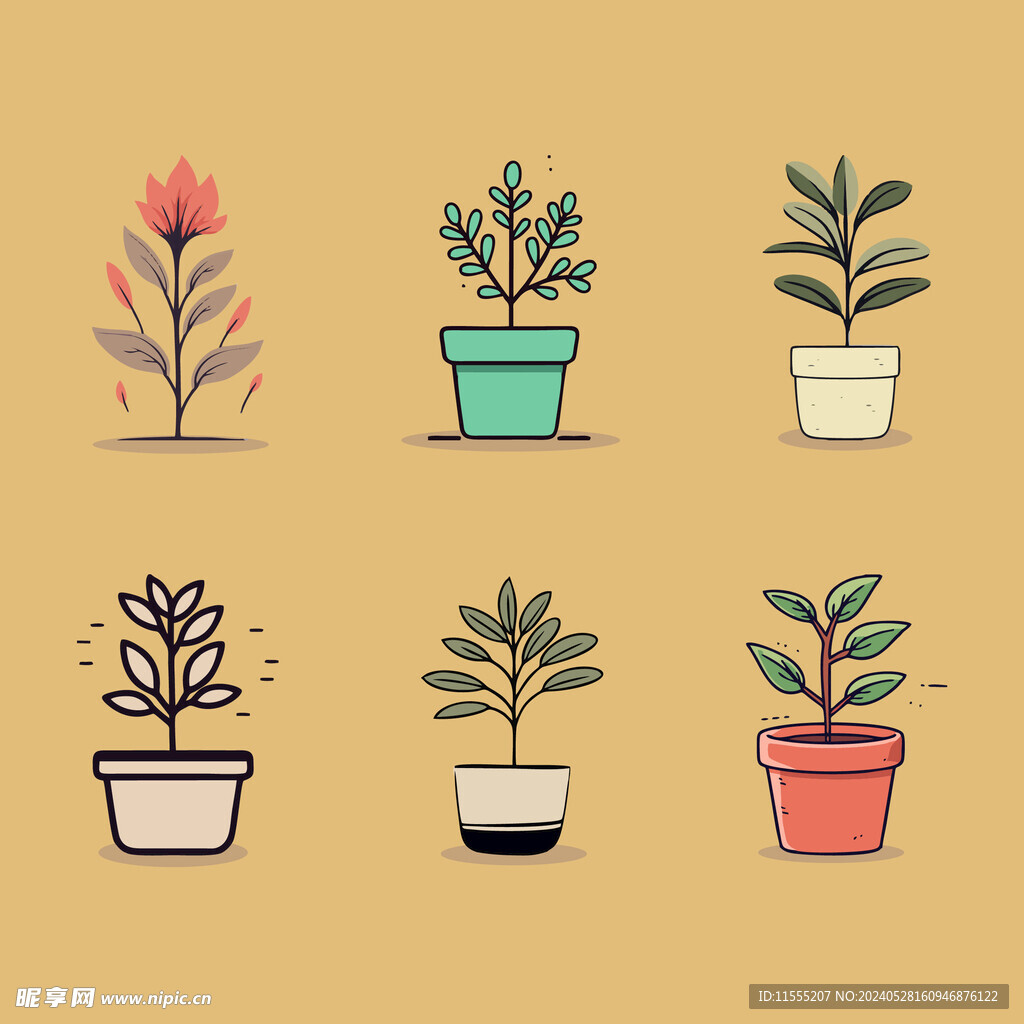 多彩花卉植物卡通绘画儿童插画