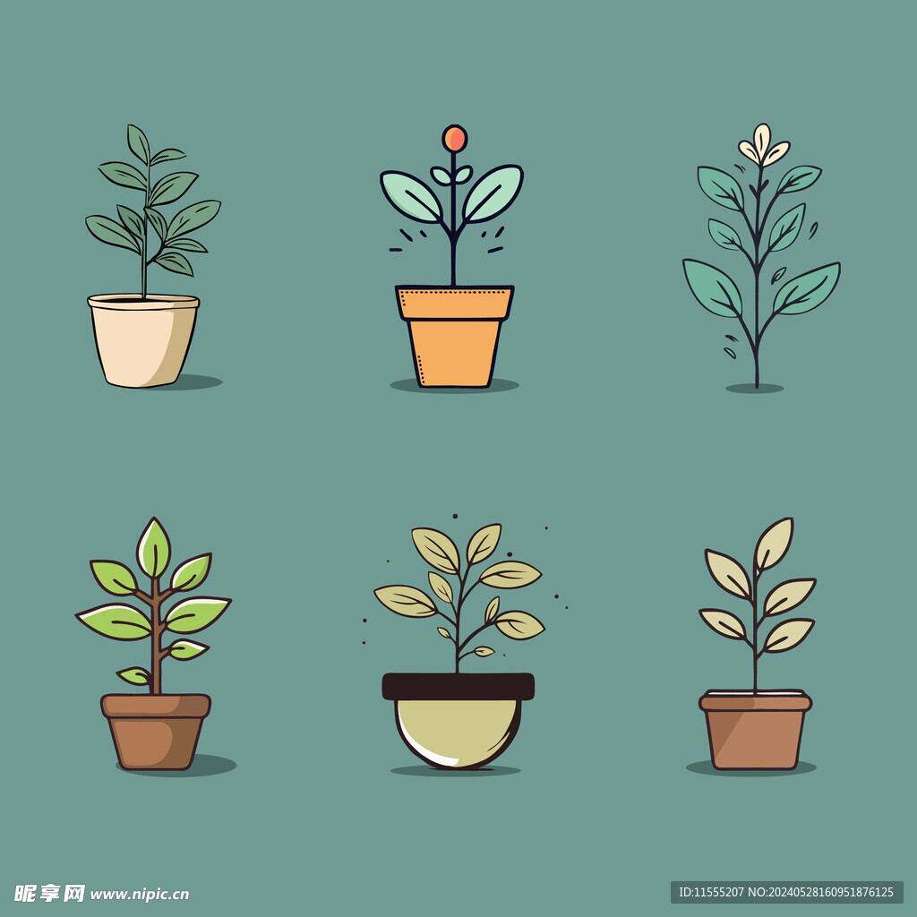 多彩花卉植物卡通绘画儿童插画