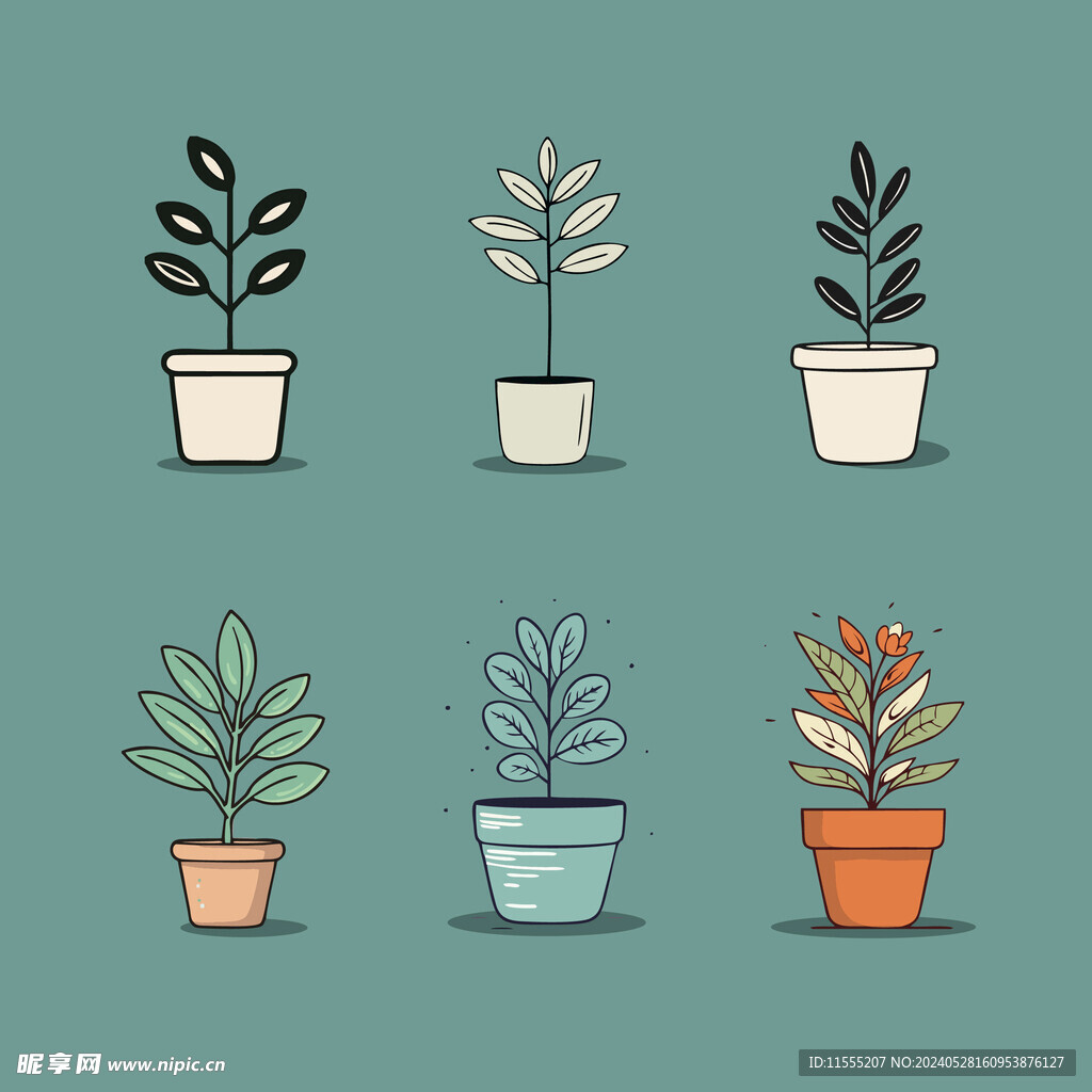 多彩花卉植物卡通绘画儿童插画