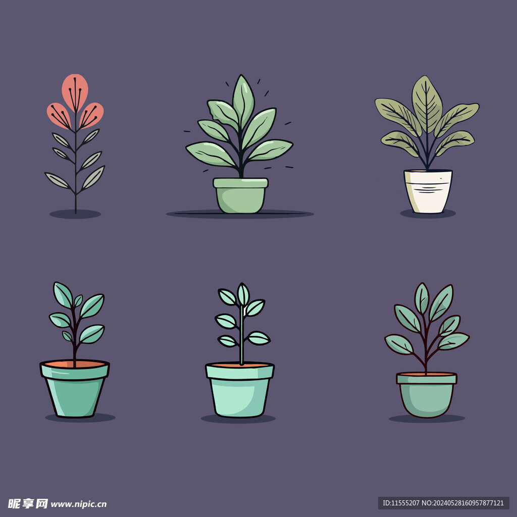 多彩花卉植物卡通绘画儿童插画