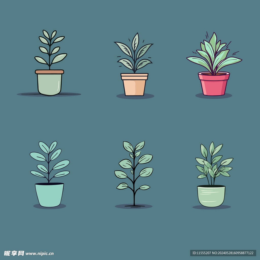 多彩花卉植物卡通绘画儿童插画