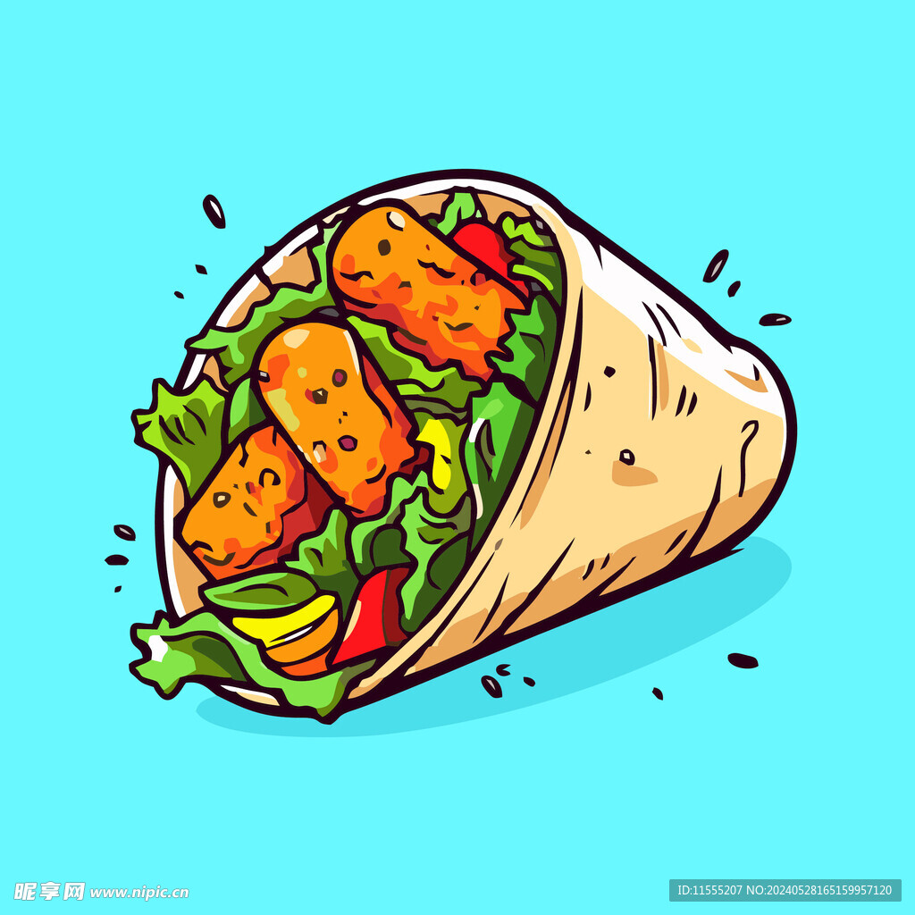 西式美味墨西哥鸡肉卷矢量插画