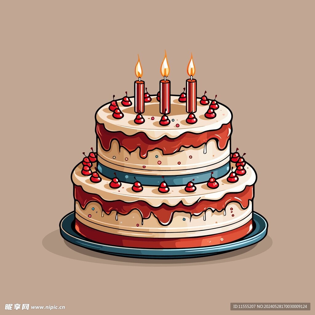 美味水果奶油蛋糕卡通矢量插画