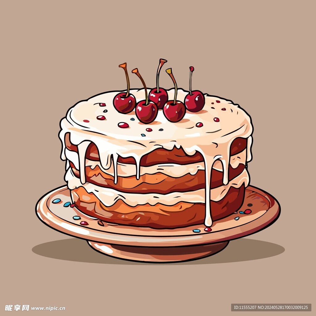 美味水果奶油蛋糕卡通矢量插画