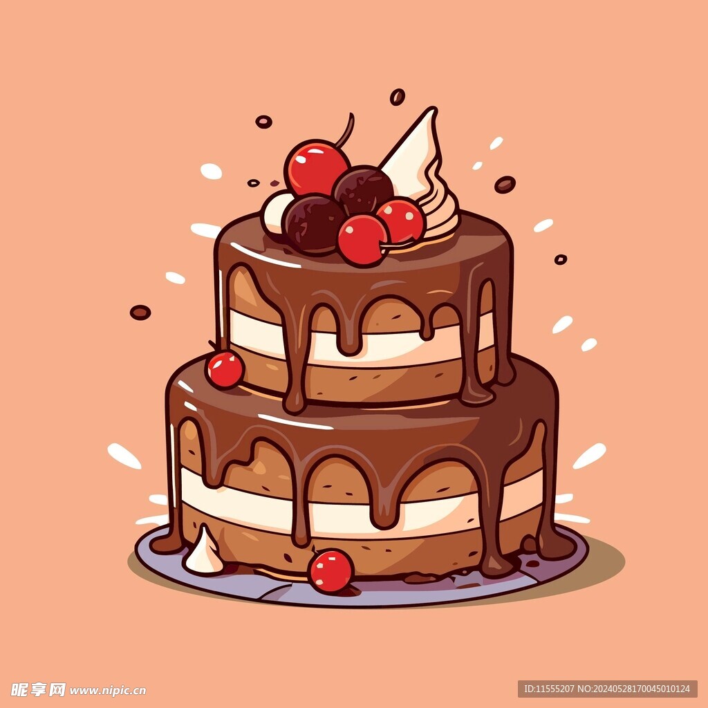 美味水果奶油蛋糕卡通矢量插画