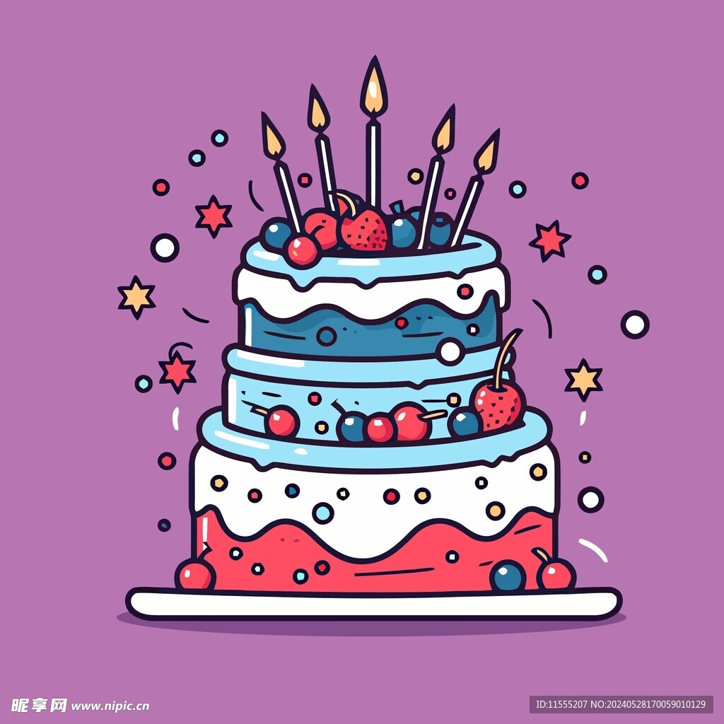 美味水果奶油蛋糕卡通矢量插画