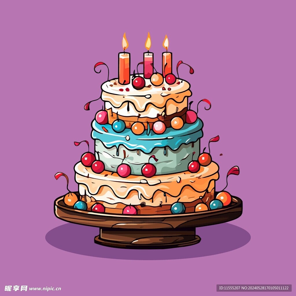 美味水果奶油蛋糕卡通矢量插画