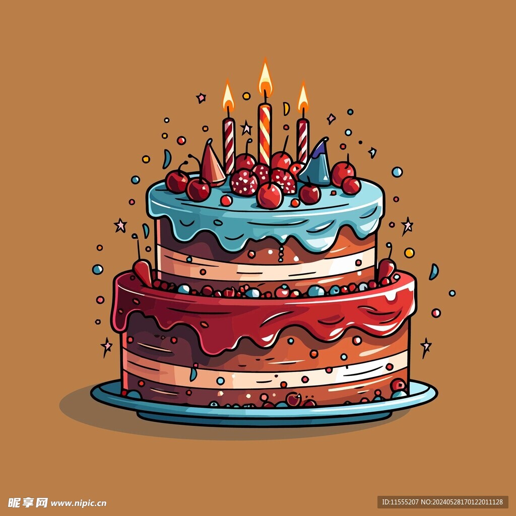 美味水果奶油蛋糕卡通矢量插画