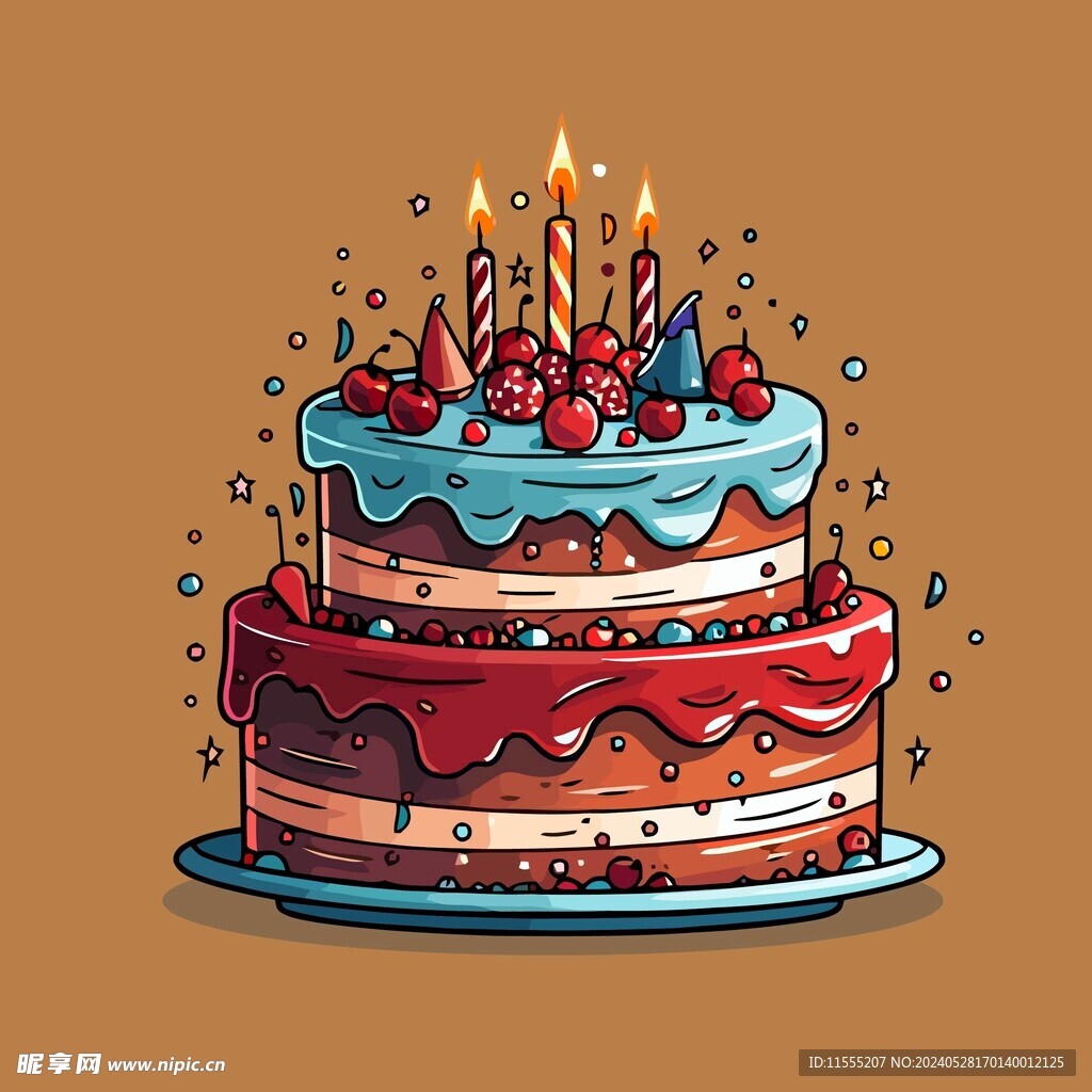 美味水果奶油蛋糕卡通矢量插画