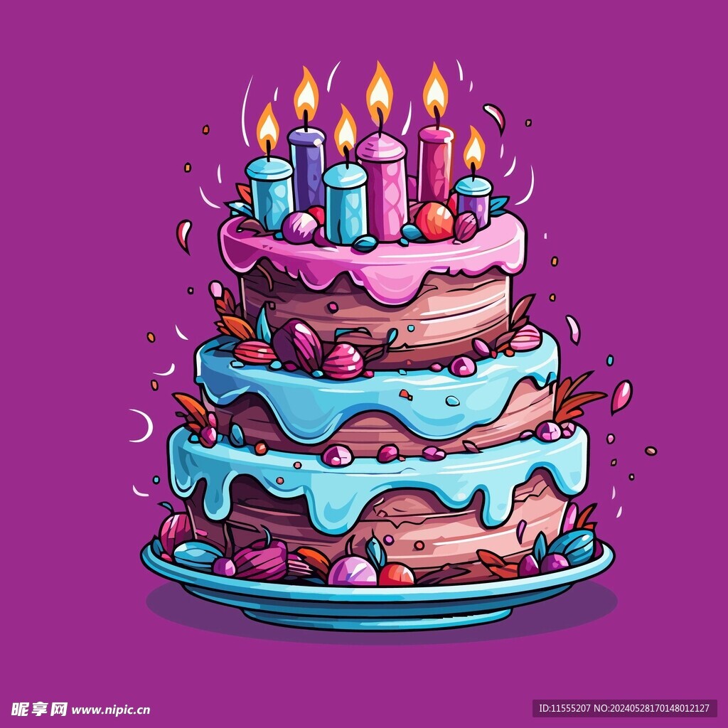 美味水果奶油蛋糕卡通矢量插画