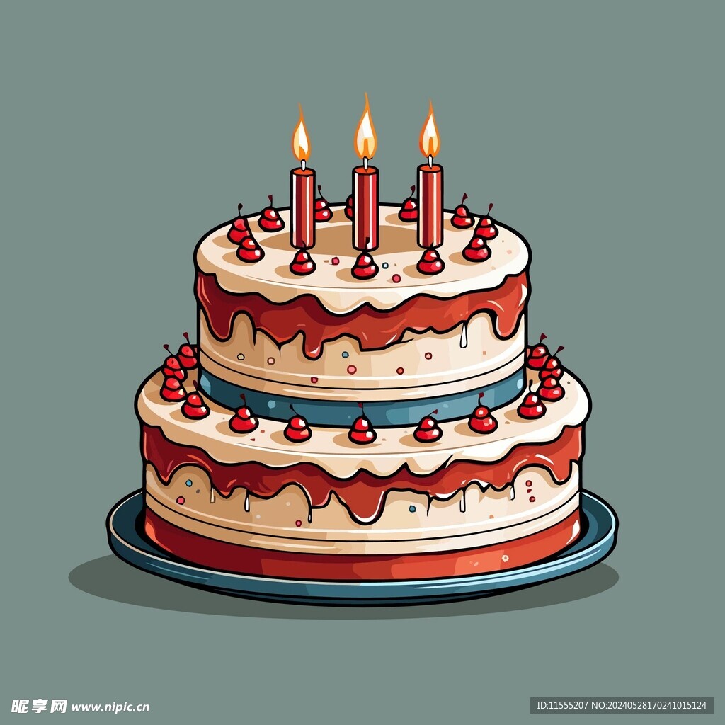 美味水果奶油蛋糕矢量插画