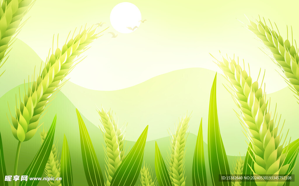 手绘绿色麦田插画