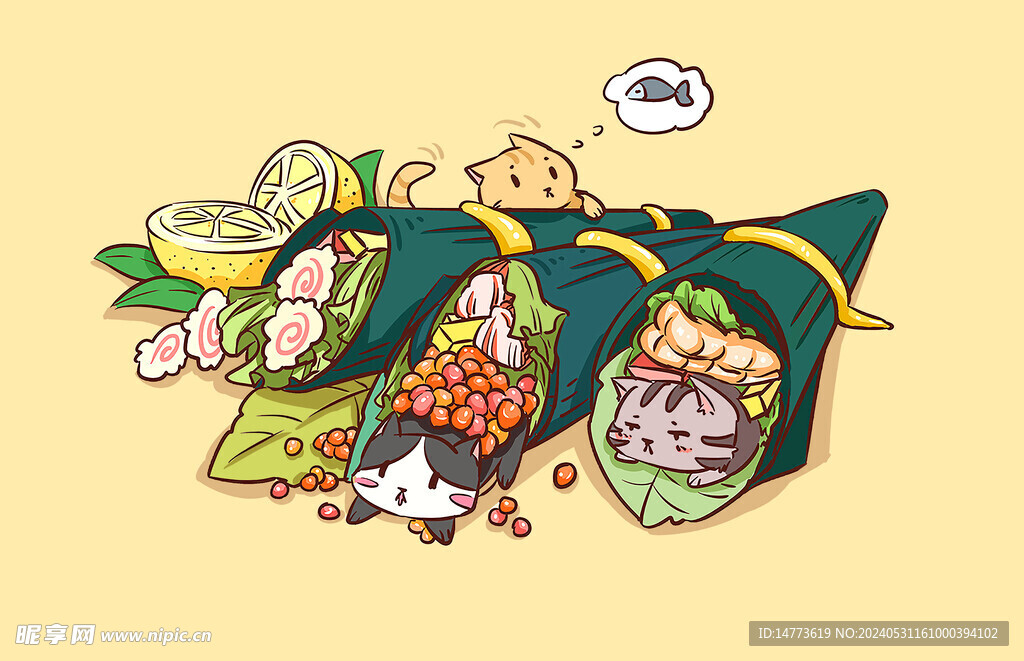 手绘卡通手卷美食