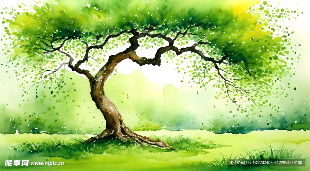 水彩风古风一棵大树