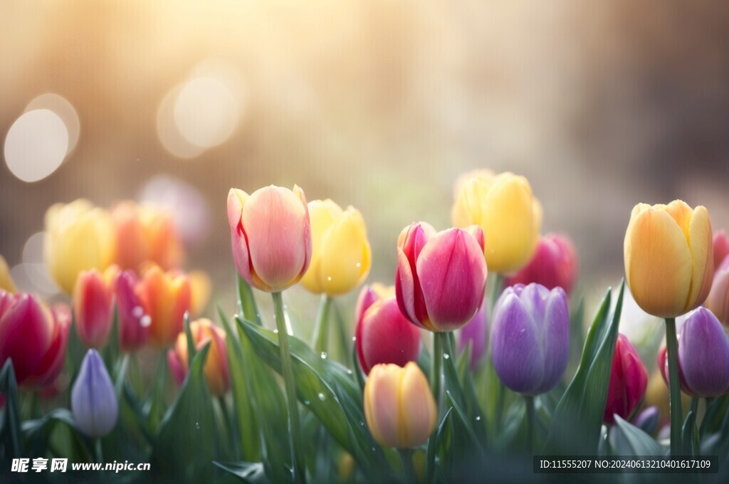 清晨阳光郁金香水彩海报背景