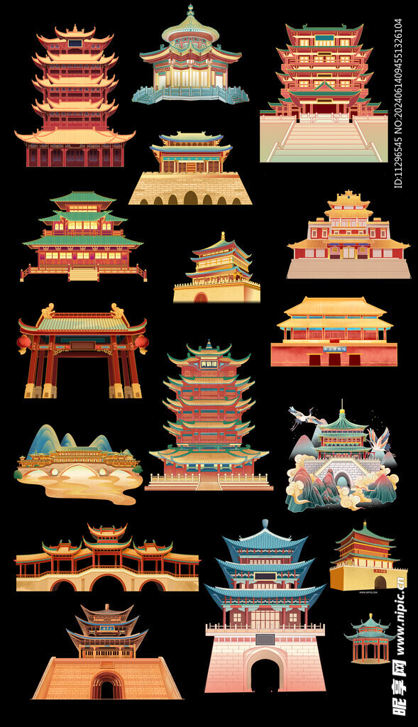 国潮风建筑素材png元素