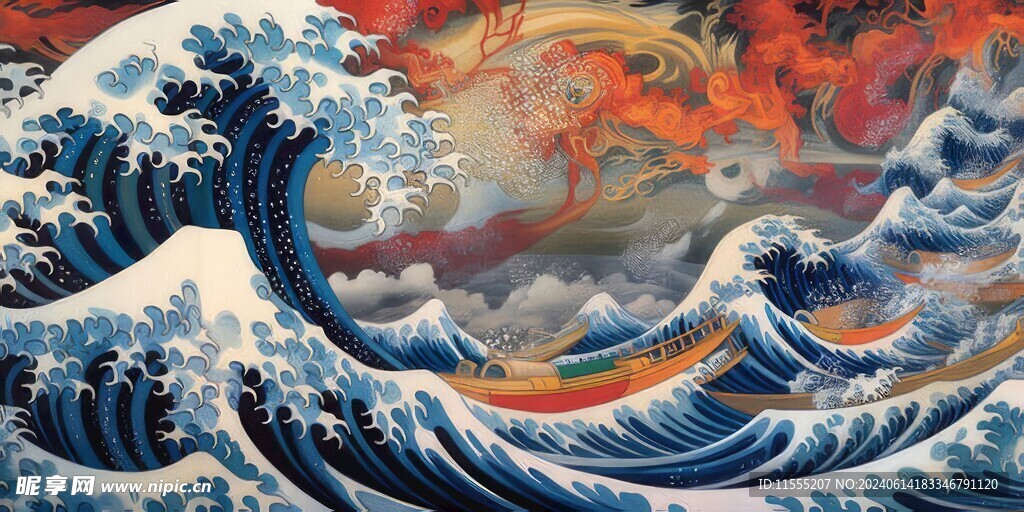 日式海浪惊涛骇浪油彩绘画背景
