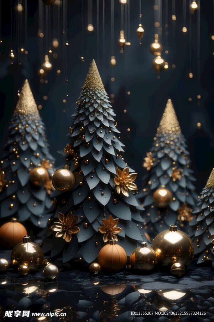 圣诞节雪夜圣诞树装饰场景背景