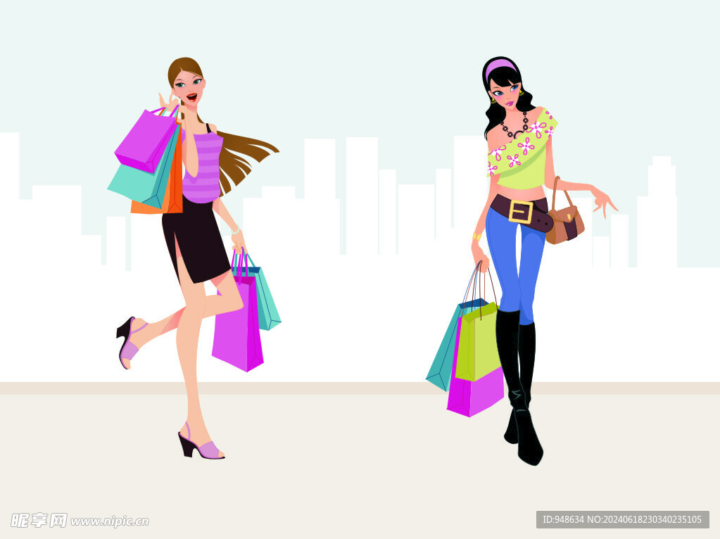 卡通购物时尚女孩矢量