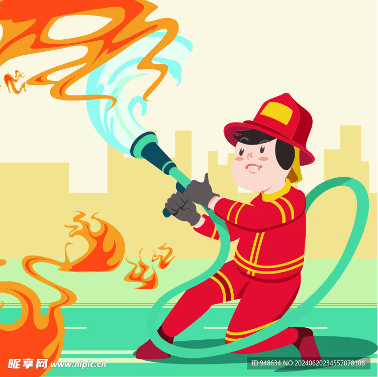 卡通消防员救火