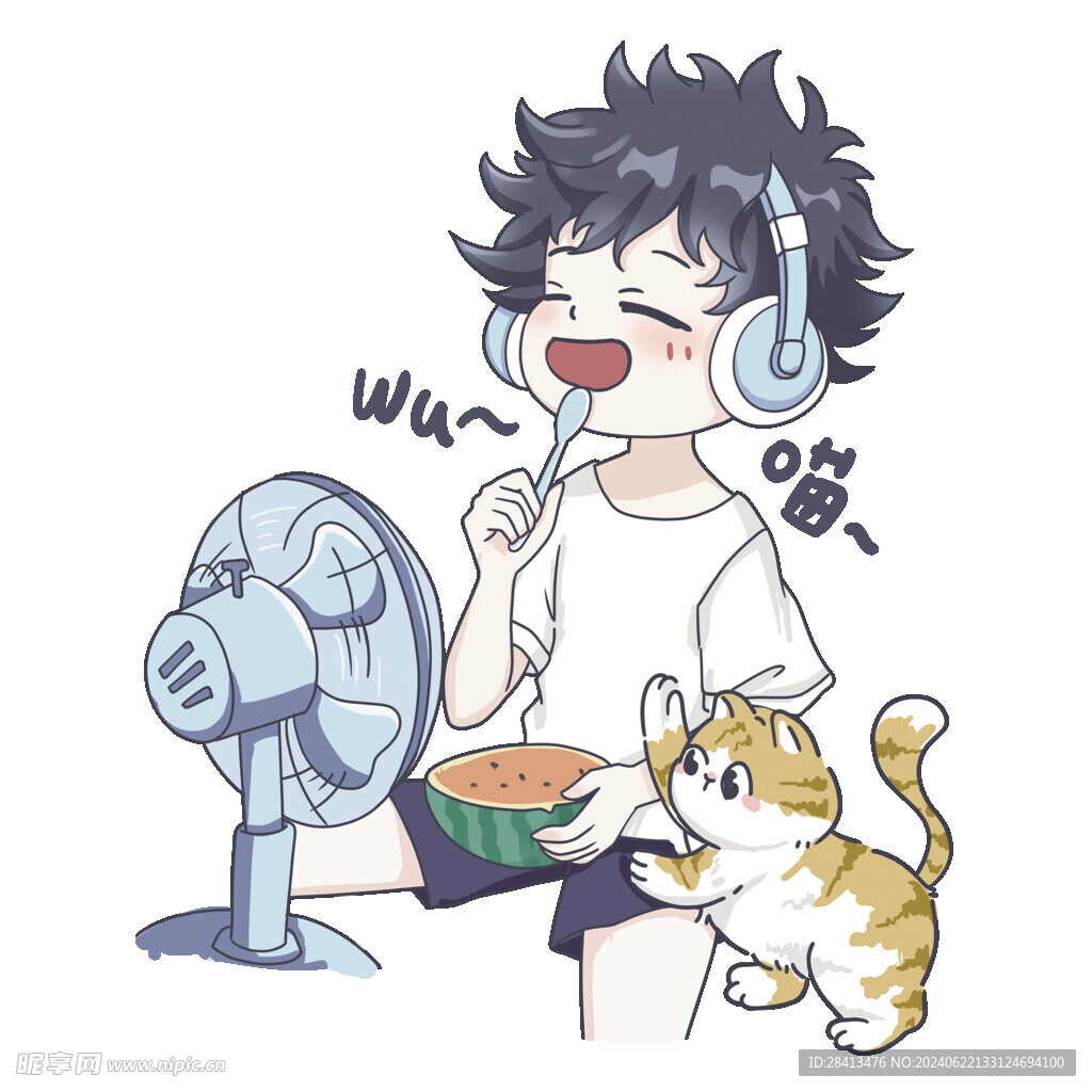 卡通吃西瓜男孩