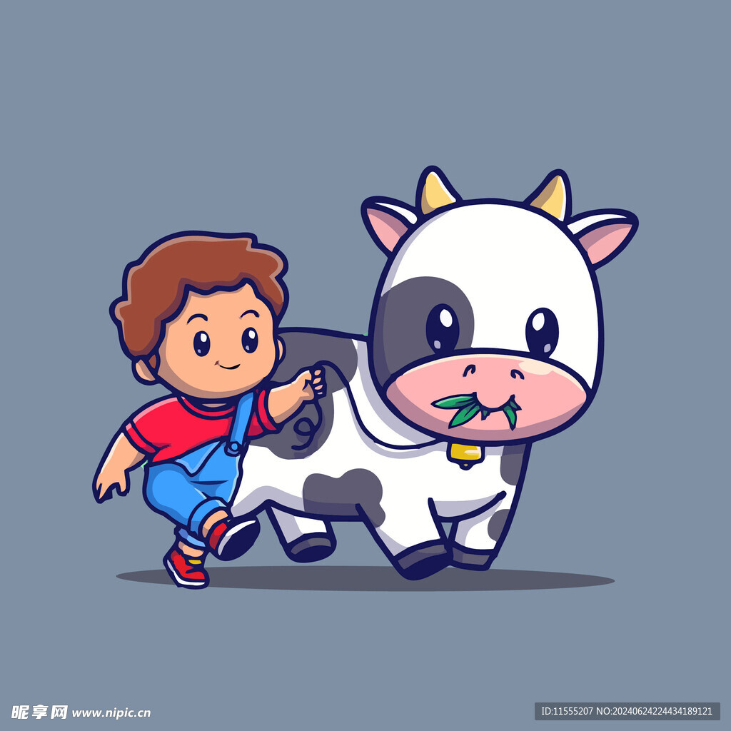 可爱男孩花花牛卡通矢量儿童插画
