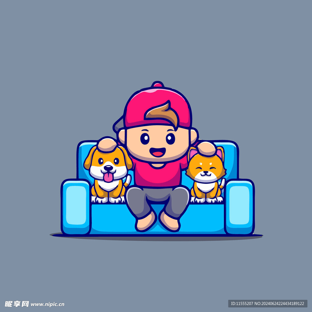 可爱男孩狗狗沙发卡通儿童插画