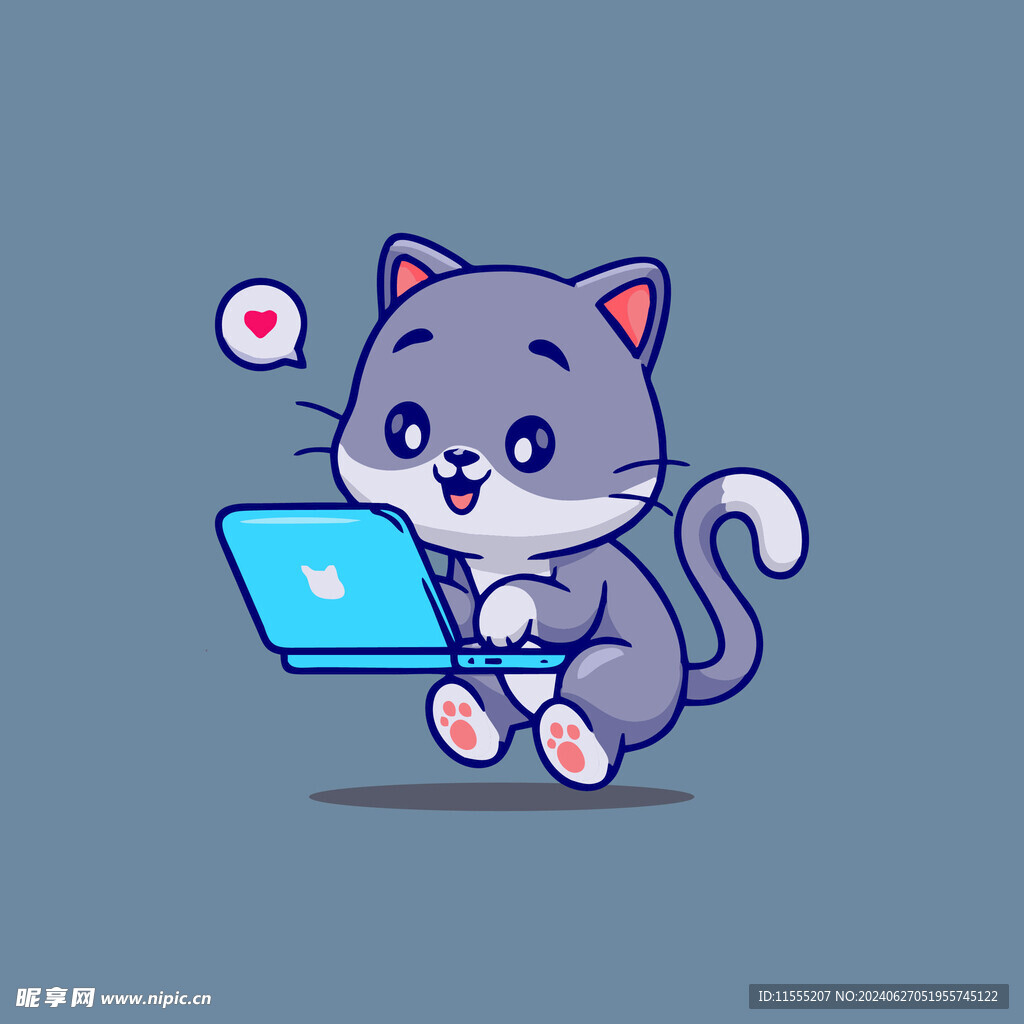 可爱玩电脑的小猫矢量卡通插画