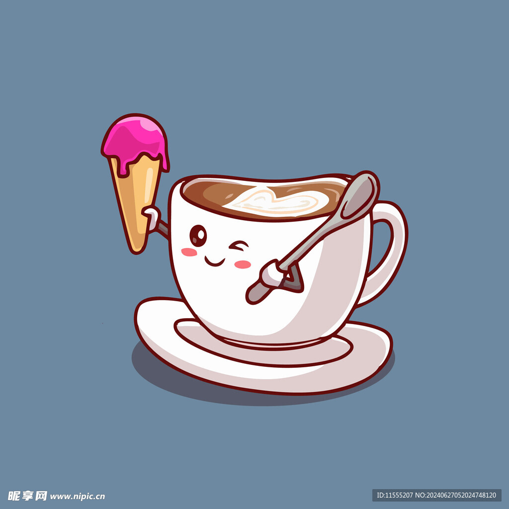 可爱咖啡杯冰激凌矢量卡通插画