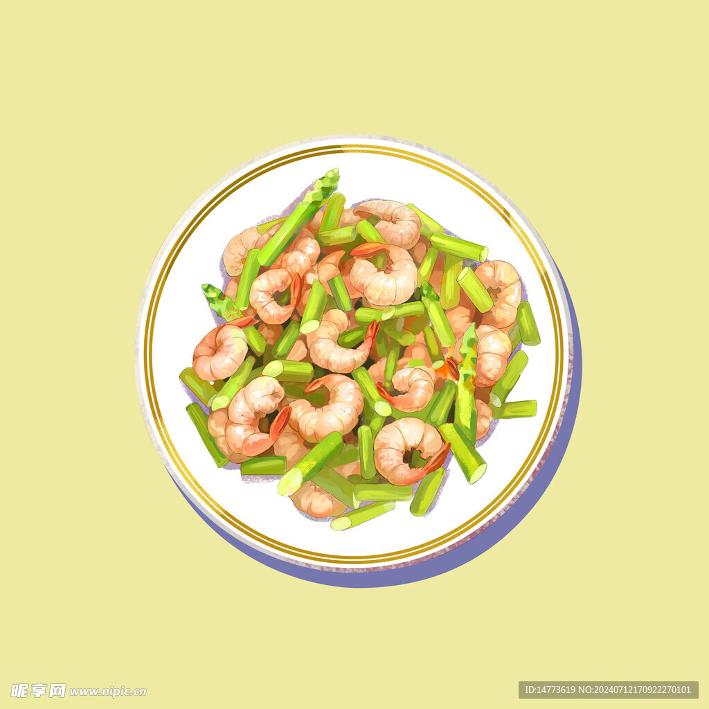 插画蒜苔炒虾仁