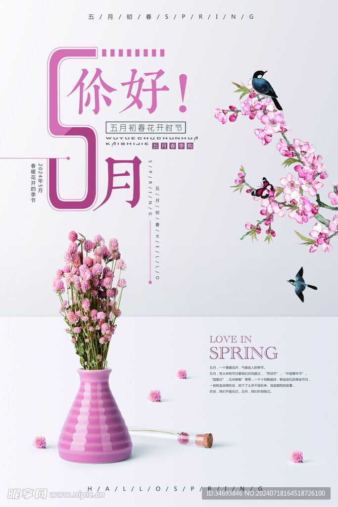 你好五月粉色清新简约创意海报