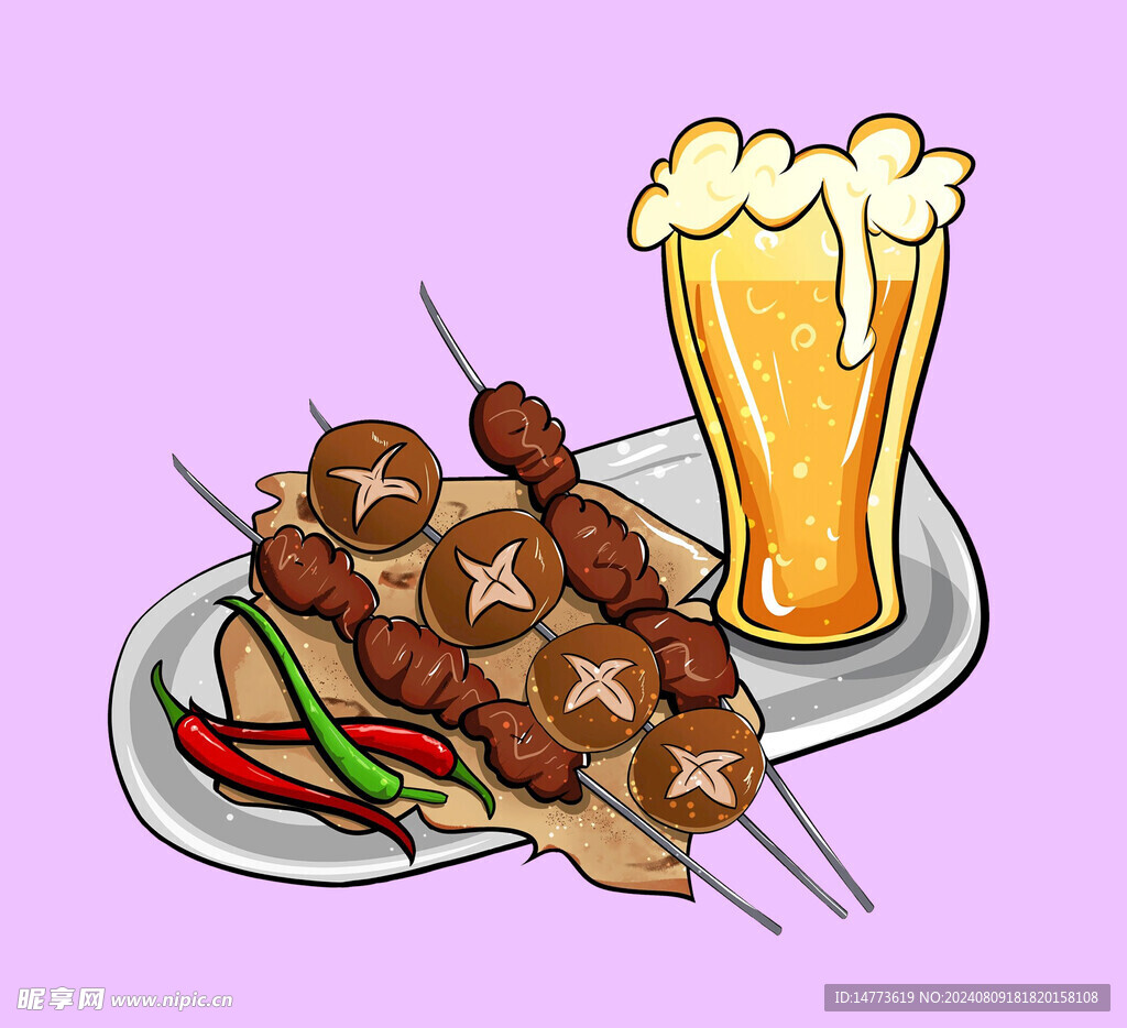 手绘烧烤串啤酒