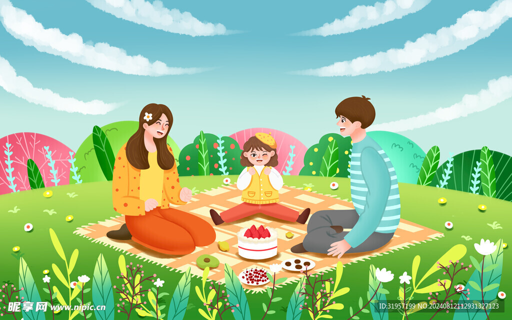 一家人春游踏青野餐插画