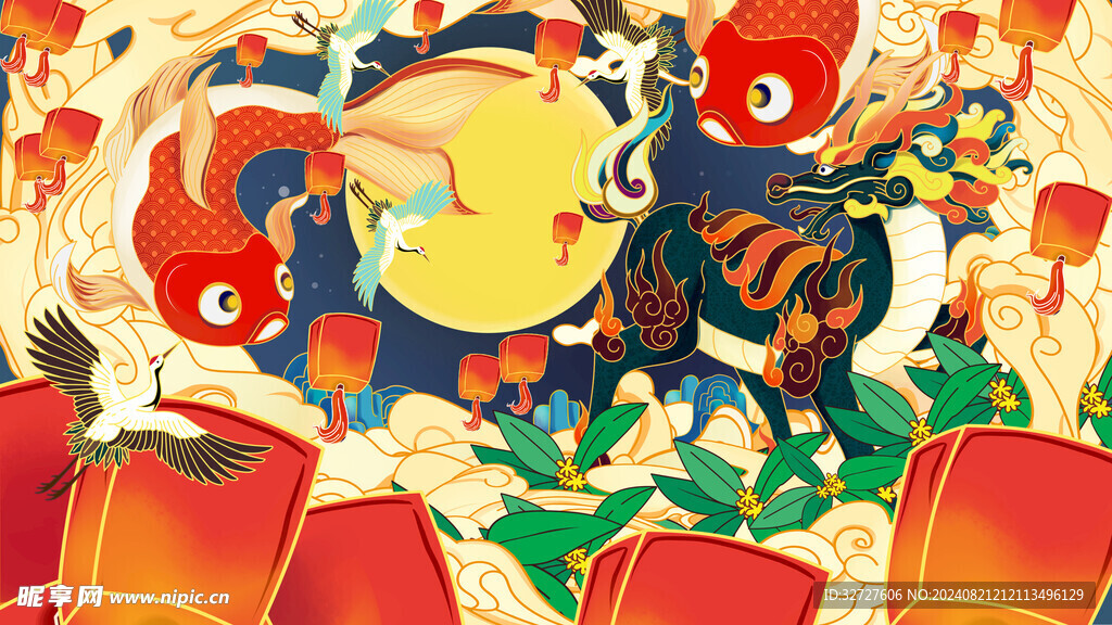 中秋节国潮风插画海报