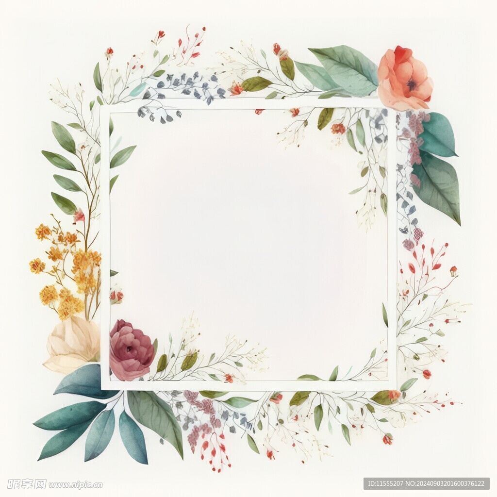 叶片树叶的边框水彩画风格插画