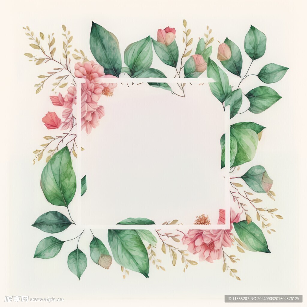 叶片树叶的边框水彩画风格插画