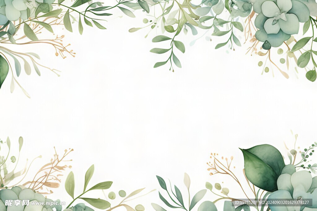 叶片树叶的边框水彩画风格插画