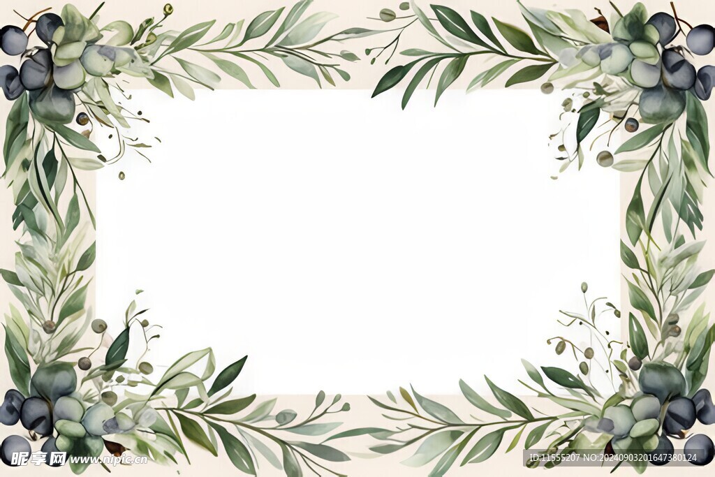 叶片树叶的边框水彩画风格插画