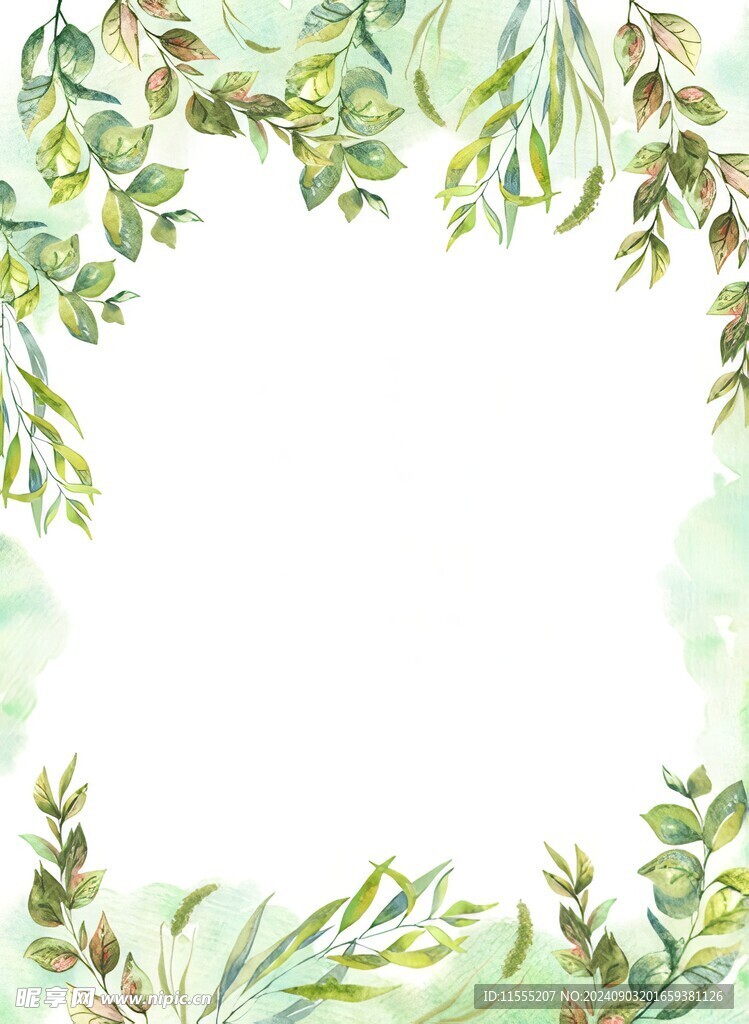 叶片树叶的边框水彩画风格插画
