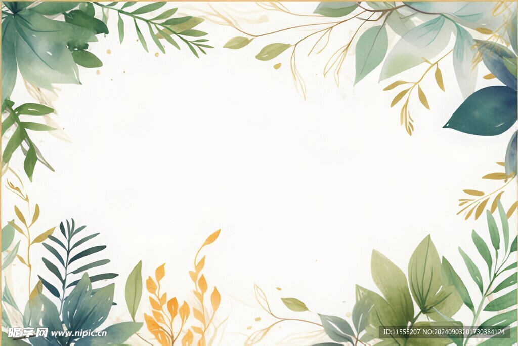 叶片树叶的边框水彩画风格插画