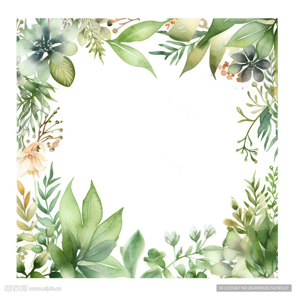 叶片树叶的边框水彩画风格插画