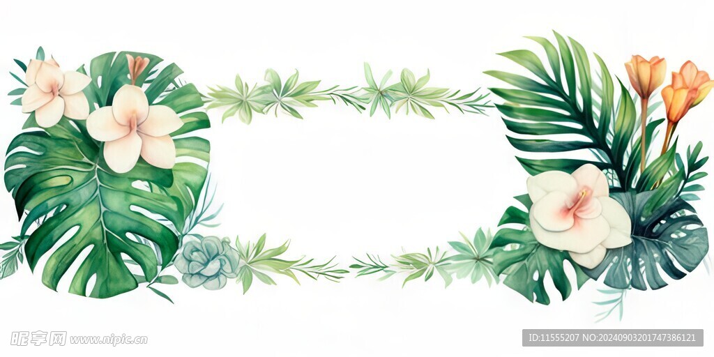 叶片树叶的边框水彩画风格插画