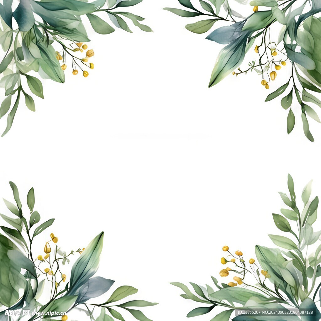 叶片树叶的边框水彩画风格插画