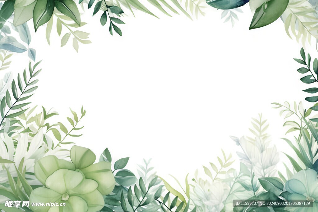叶片树叶的边框水彩画风格插画