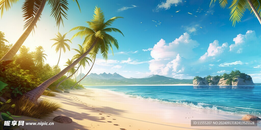 海滩景色云椰子树大海沙滩