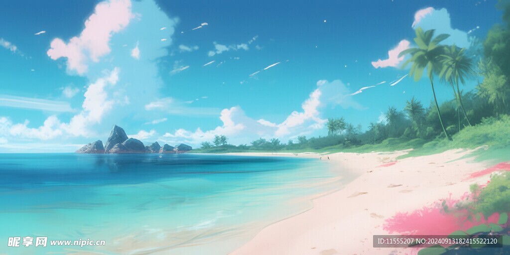 海滩景色云椰子树大海沙滩